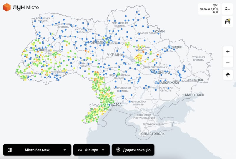 На зображенні може бути: ‎карта та ‎текст «‎лун BORO СЪКА ПАСТЬ JACT ВНЕеСЬ ОСькА ОБЛАСТЬ ЖИТОми КИТОМИСсЬКА СЬКА ФОБЛАСТЬ ЧΕРН ВСЬКА ОБЛАСТ сп.льно ФмсЬКАОБЛАСТ СОМСЬКА ОБЛАСТ ОСУМИ ОБГООНЬ тоЛАСТЬ #ЛОЛОВЛЬКА סהי Боька DUACT YKPAIHA СЬКА ортвастью SACTIO СниЦика ОБЛАСТЬ XAIOIAEKIB AKIB XANO •ЛАсть + ЛуГАНСЬКА ОБЛАСТЬ KIPU АДСЬКА ОБЛАСТЬ ДНИПРОПЕ ПЕТРОВСЬКА द'र МИКОЛАЙВСЬКА ОЕОТАСТЬ СЗАПОРИЖАЯ ЦЬКА РАДЦЬк ЗАПОРК KA ОБЛАСТЬ ไาป ОДЕСА ФОХЕРООНСЬКА ОБЛАСТЬ МАРУПОЛЬ ABTOHOMHA РЕСПУБЛИКА КРИМ РЕСПУБЛКАКРИМ MicTo без меж СЕВАСТОПОЛЬ 박 Фίльтри Додатилокацию Додати локацюю‎»‎‎